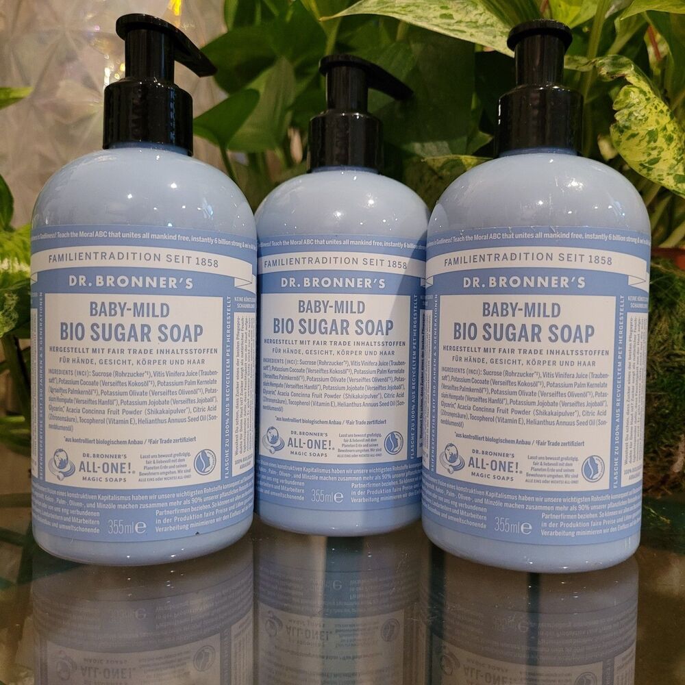 3x Dr. Bronner's Organic Sugar Soap Baby Mild Black Fragrance free Hand Body